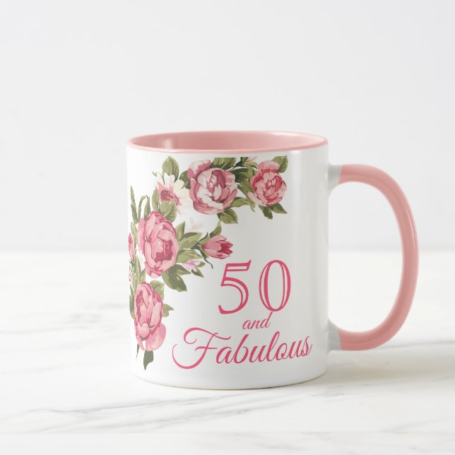 50 and Fabulous Pink Floral | 50th Birthday Gift Mug (Right)