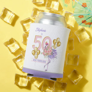 50 and Fabulous Pink Floral Flamingo Can Cooler
