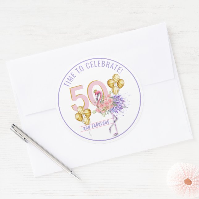 50 and Fabulous Pink Floral Flamingo Classic Round Sticker (Envelope)