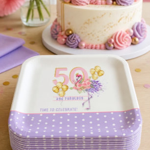 50 and Fabulous Pink Floral Flamingo Paper Plate