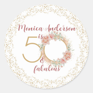 50 and Fabulous Pink Floral Gold Photo Birthday Classic Round Sticker