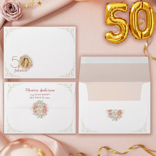 50 and Fabulous Pink Floral Gold Photo Birthday Envelope