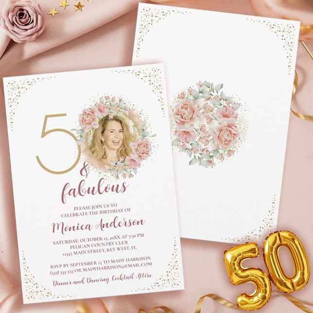 50 and Fabulous Pink Floral Gold Photo Birthday Invitation (50 and Fabulous Pink Floral Gold Photo Birthday Invitation)