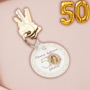 50 and Fabulous Pink Floral Gold Photo Birthday Keychain