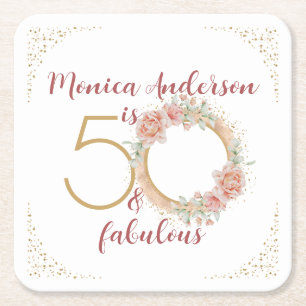 50 and Fabulous Pink Floral Gold Photo Birthday Square Paper Coaster
