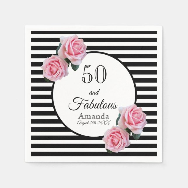 50 and fabulous pink florals black stripes name napkin (Front)