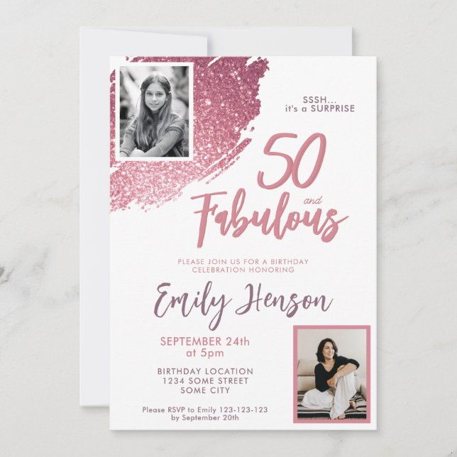 50 and Fabulous Pink Glitter 2 Photo 50th Birthday Invitation (Front)