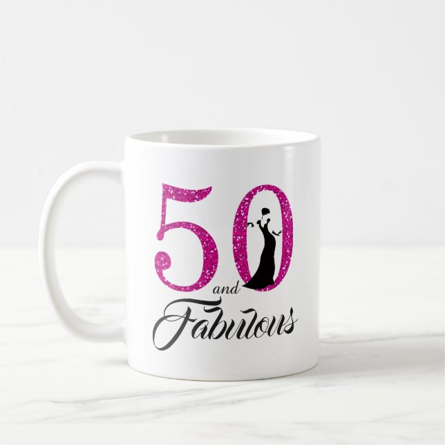 50 and Fabulous Pink Glitter 50th Birthday Coffee Mug (Left)