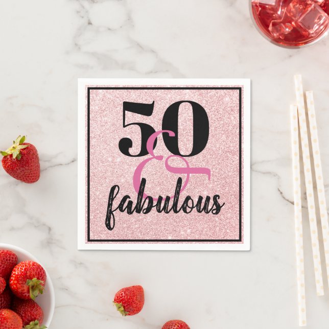 50 and Fabulous PInk Glitter Birthday Party Napkin (Insitu)