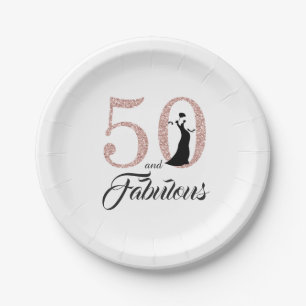 50 and Fabulous Pink Glitter Birthday Party Paper Plate