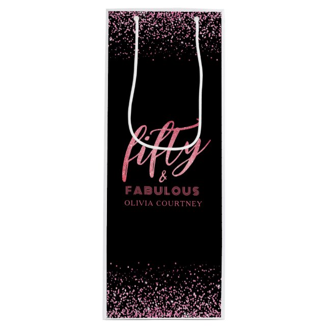 50 and Fabulous Pink Glitter Black Birthday Wine Gift Bag (Front)