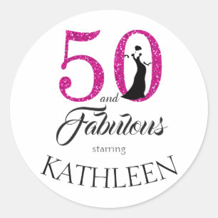 50 and Fabulous Pink Glitter Custom Name Classic Round Sticker
