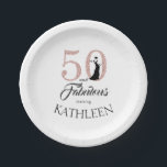 50 and Fabulous Pink Glitter Custom Name Paper Plate<br><div class="desc">Celebrate turning 50 in style with this elegant 50th birthday design you can customize with your name. 50 and fabulous in pink glitter and black with dancing silhouette. Other colours and matching products are available in our shop. Custom requests are welcome.</div>