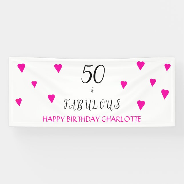 50 and fabulous pink hearts 50th birthday party  banner (Horizontal)