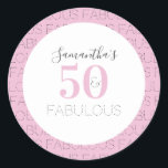 50 and fabulous Pink Modern 50th Birthday  Classic Round Sticker<br><div class="desc">This is a personalized modern, 50th birthday design. It is in pink, black and grey typography and has the message "Samantha's 50 and Fabulous" and a repeat pattern with the word "Fabulous". Perfect for a stylish and chic 50th birthday party celebration and ideal for cards, party favours and envelope seals....</div>