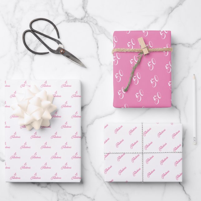 50 and Fabulous Pink Personalized Birthday Party W Wrapping Paper Sheet (Front)