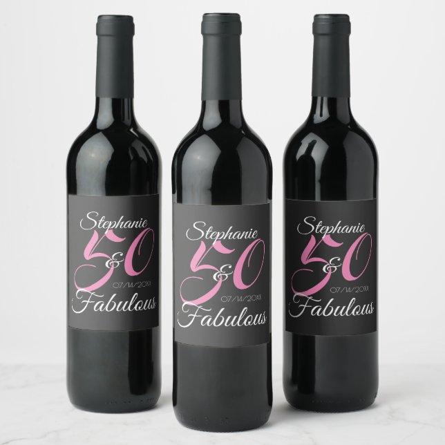 50 and Fabulous Pink Personalized Birthday Party  Wine Label (Bottles)
