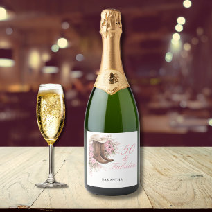 50 and Fabulous Pink Western Floral 50th Birthday Sparkling Wine Label