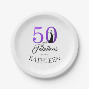 50 and Fabulous Purple Custom Name Birthday Party Paper Plate