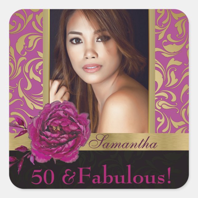 50 and Fabulous Purple Gold Damask Photo Birthday Square Sticker (Front)