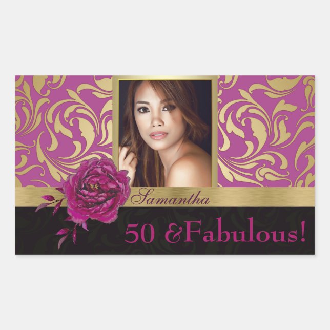 50 and Fabulous Purple Gold Damask Photo Birthday Sticker (Front)