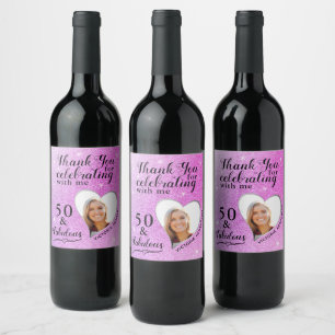 50 and Fabulous Purple Pink Thank You Birthday Wine Label