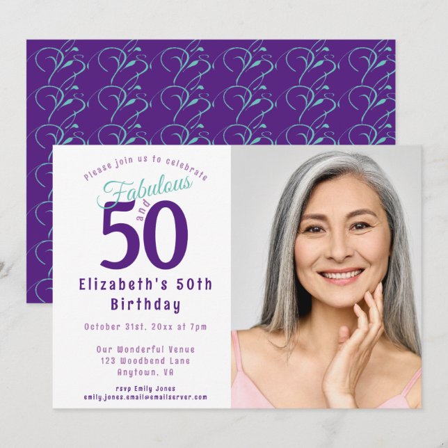 50 and Fabulous Purple Turquoise typography Invitation (Front/Back)