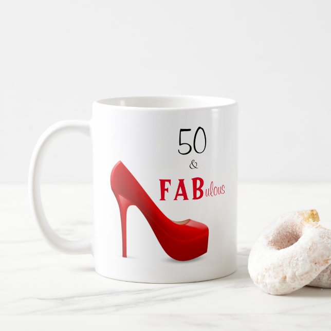 50 and Fabulous Red and Black 50th Birthday Coffee Mug (With Donut)