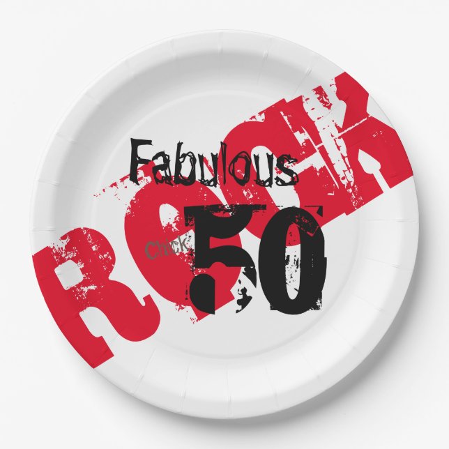 50 and Fabulous Red Black Rock Chick Paper Plate (Front)