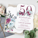 50 and fabulous red burgundy floral 50th birthday invitation<br><div class="desc">Elegant feminine 50 and fabulous birthday invitation with watercolor red burgundy and light dusty blue peony roses bouquets and a modern trendy typography script.              Easy to personalize with your details!</div>