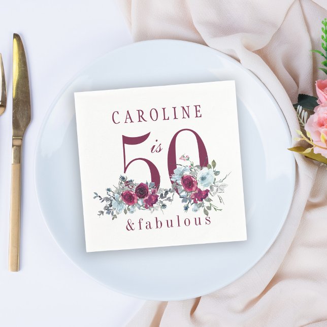 50 and fabulous red burgundy floral birthday party napkin (Creator Uploaded)