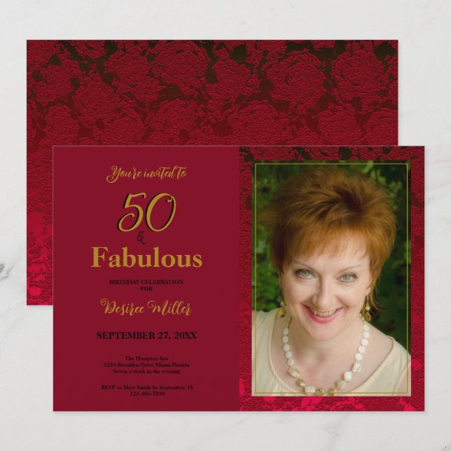 50 And Fabulous Red Gold Floral Birthday Invitation (Front/Back)