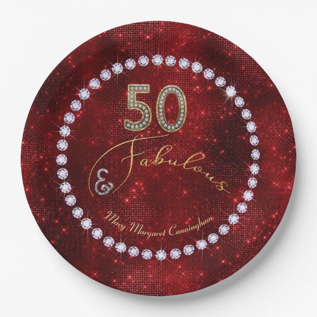 50 and Fabulous Red Sparkle 50th Birthday Party Paper Plate (Front)
