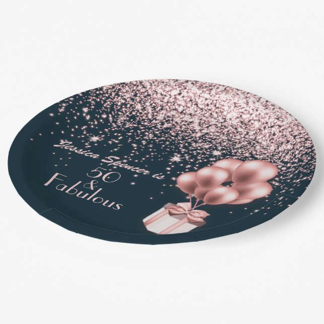 50 and Fabulous Rose Gold 50th Birthday Party Paper Plate (Angled)