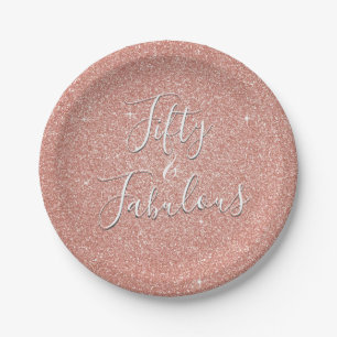 50 and Fabulous Rose Gold Blush Pink Glitter Paper Plate