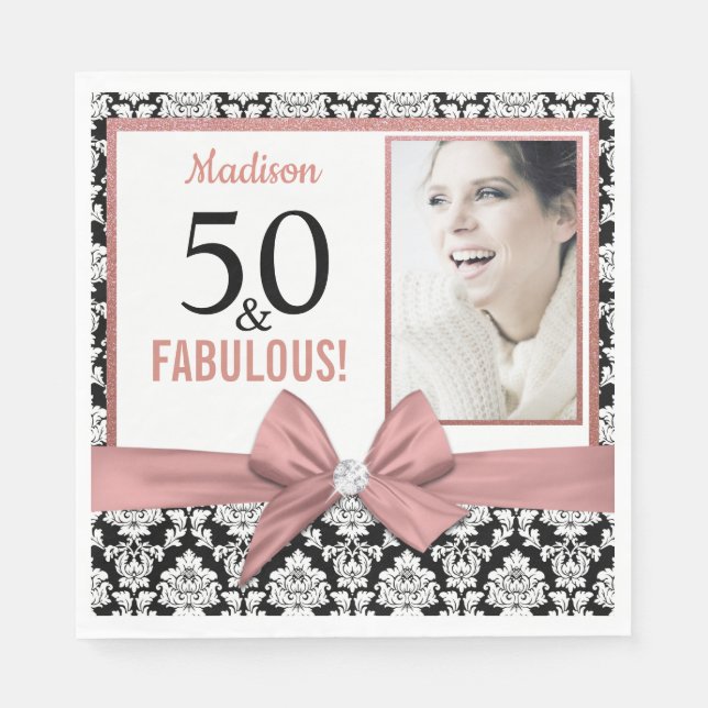 50 and Fabulous Rose gold bow damask 50th Birthday Napkin (Front)