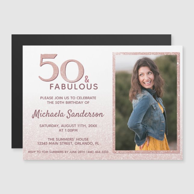 50 and Fabulous Rose Gold Glitter Elegant Birthday Magnetic Invitation (Front/Back)