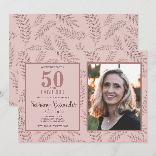 50 and Fabulous Rose Gold Glitter Invitation (Front/Back)