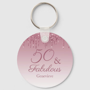 50 and Fabulous Rose Gold Pink Dripping Glitter Keychain
