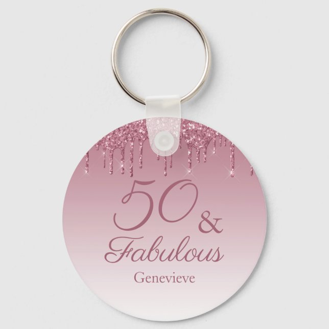 50 and Fabulous Rose Gold Pink Dripping Glitter Keychain (Front)