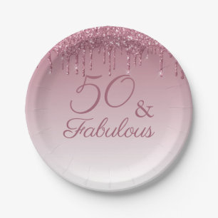 50 and Fabulous Rose Gold Pink Dripping Glitter Paper Plate