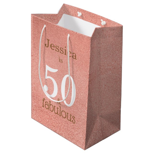 50 and Fabulous Rose Gold Simple 50th Birthday Medium Gift Bag (Back Angled)
