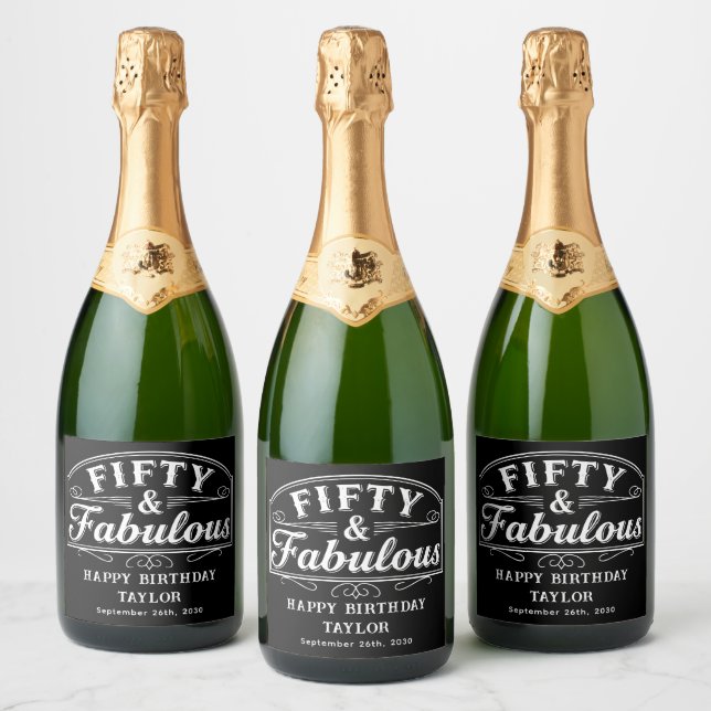 50 and Fabulous Rustic Script & Elegant Line Art Sparkling Wine Label (Bottles)