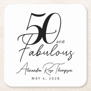 50 and Fabulous Script 50th Birthday Party Square Paper Coaster