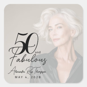 50 and Fabulous Script Photo Birthday Party Square Sticker