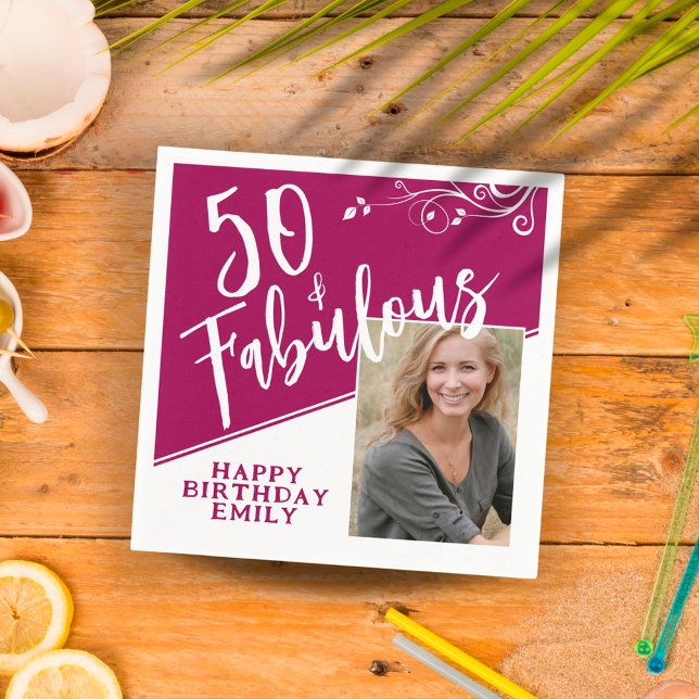 50 and Fabulous Script Photo Magenta 50th Birthday Napkin (Creator Uploaded)
