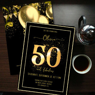 50 and Fabulous Sparkling Gold Black Birthday Invitation