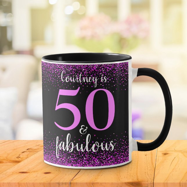 50 and fabulous sparkly pink & black personalized mug (Creator Uploaded)