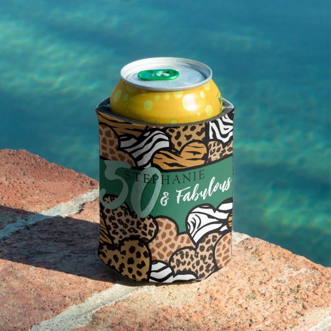 50 and Fabulous Stylish Emerald Animal Print Heart Can Cooler (In Situ Pool)