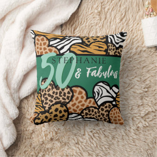 50 and Fabulous Stylish Emerald Animal Print Heart Throw Pillow